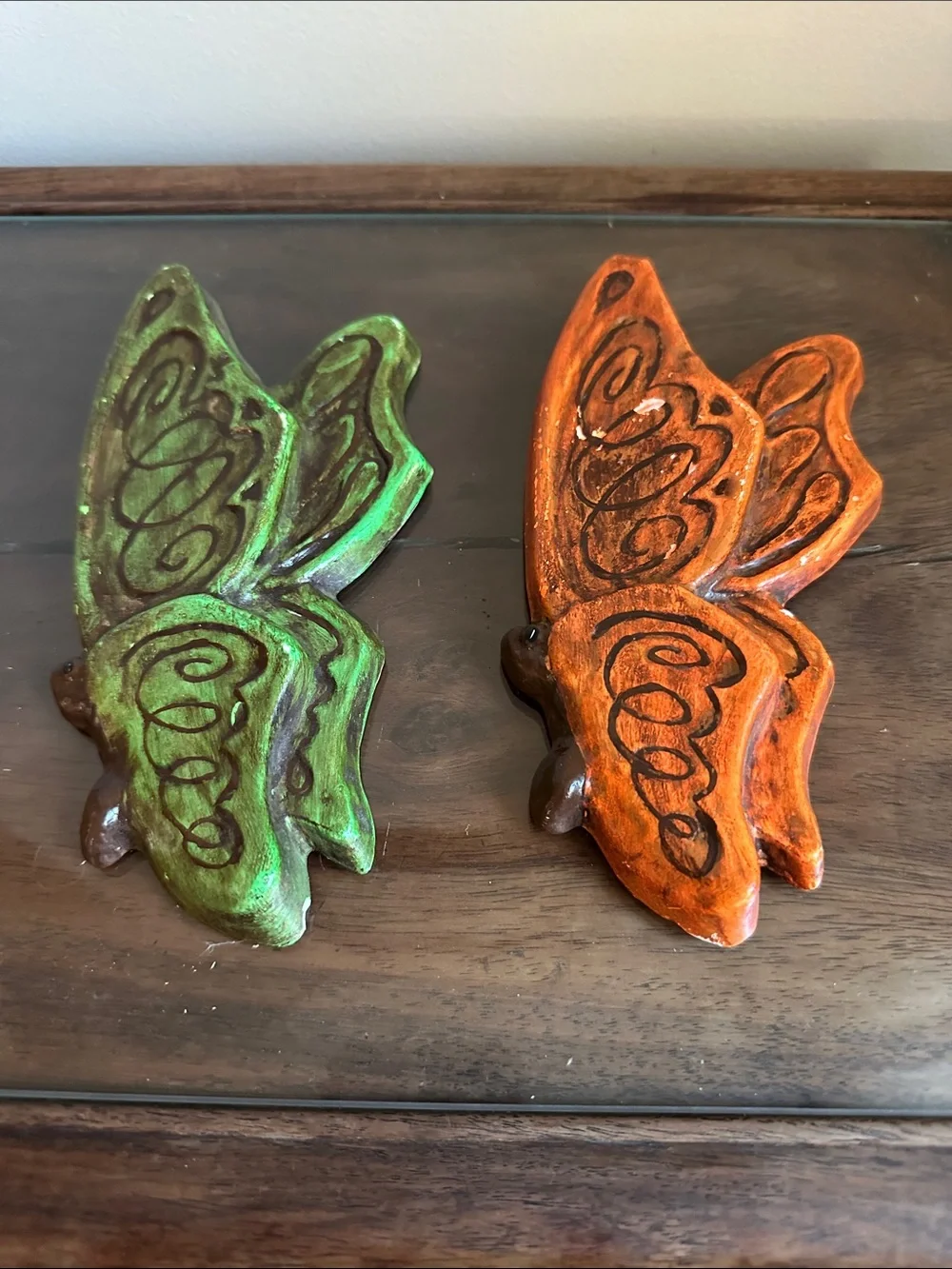 Vintage 1975 Handmade Ceramic Butterfly Wall Art Pair - Green & Orange